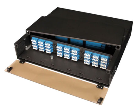 2U slide-out fiber patch and splice panel for six adapter panels.