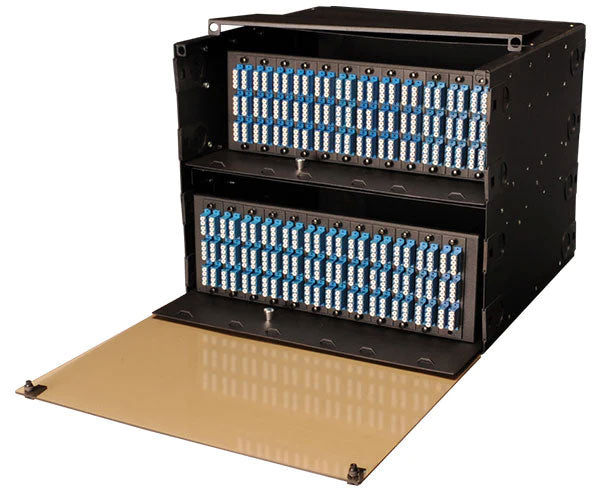 8U slide-out fiber patch and splice panel for twenty four adapter panels.