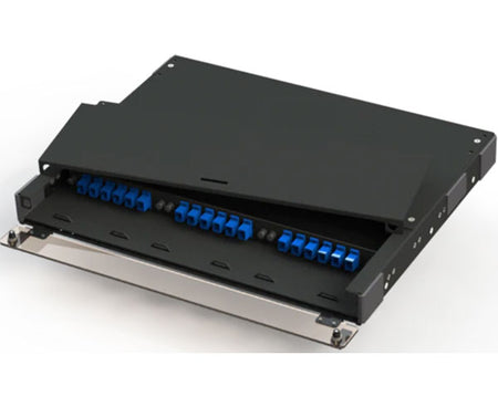1U Slide-out fiber patch and splice panel for three adapter panels.