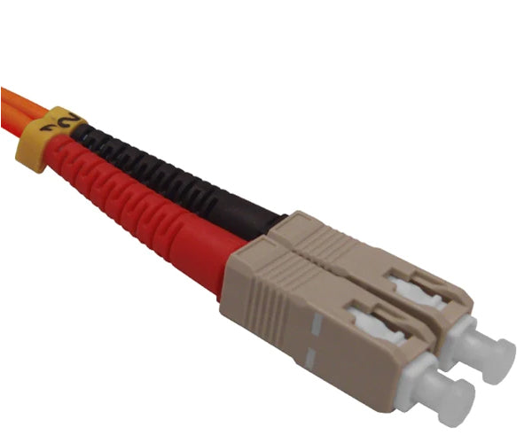 Two SC OM1 connectors on orange fiber with dust caps.