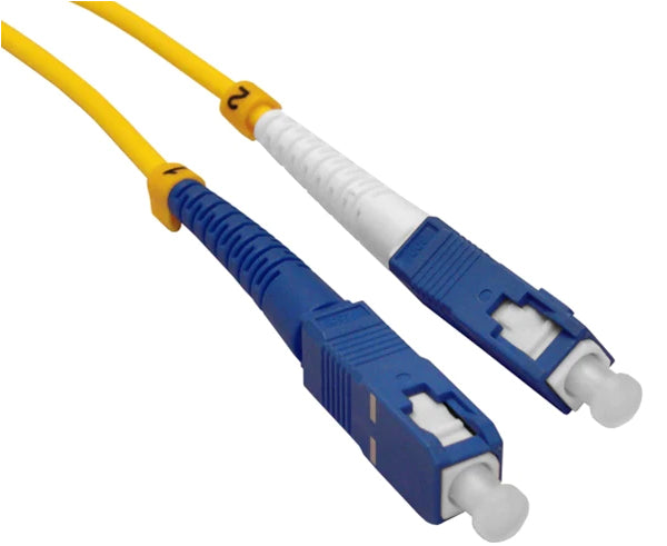 Two SC single-mode OS2 connectors on yellow fiber.