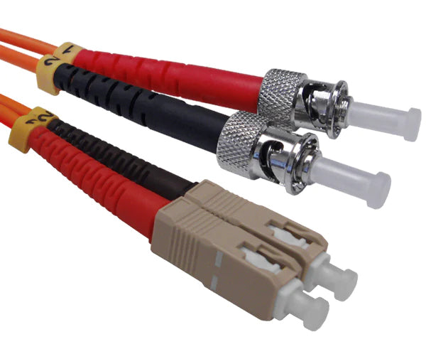 A pair of duplex SC OM1 connectors with beige body and a pair of ST OM1 connectors with metal body.