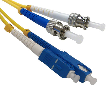 A pair of duplex SC single-mode OS2 connectors with blue body and a pair of ST single-mode OS2 connectors with metal body.