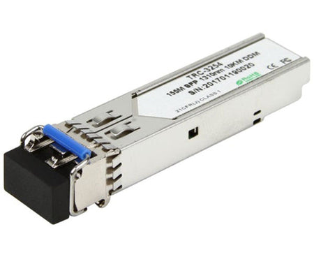 100Base-LX single-mode SFP fiber transceiver showing latch and dust cap.