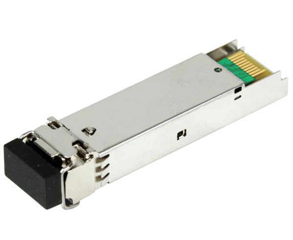100Base-LX single-mode SFP fiber transceiver showing connector.