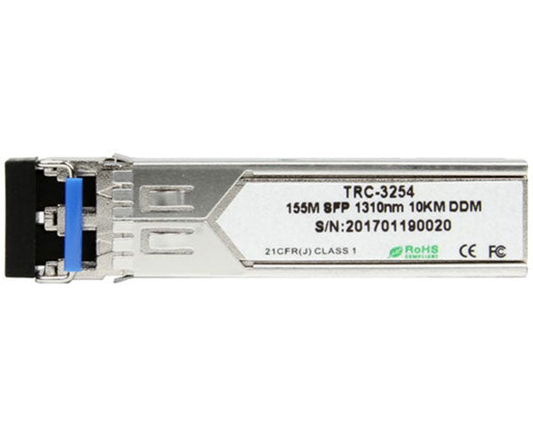 100Base-LX single-mode SFP fiber transceiver showing specification label.