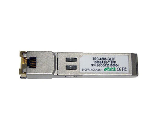 1000Base-TX UTP SFP fiber transceiver showing specification label.