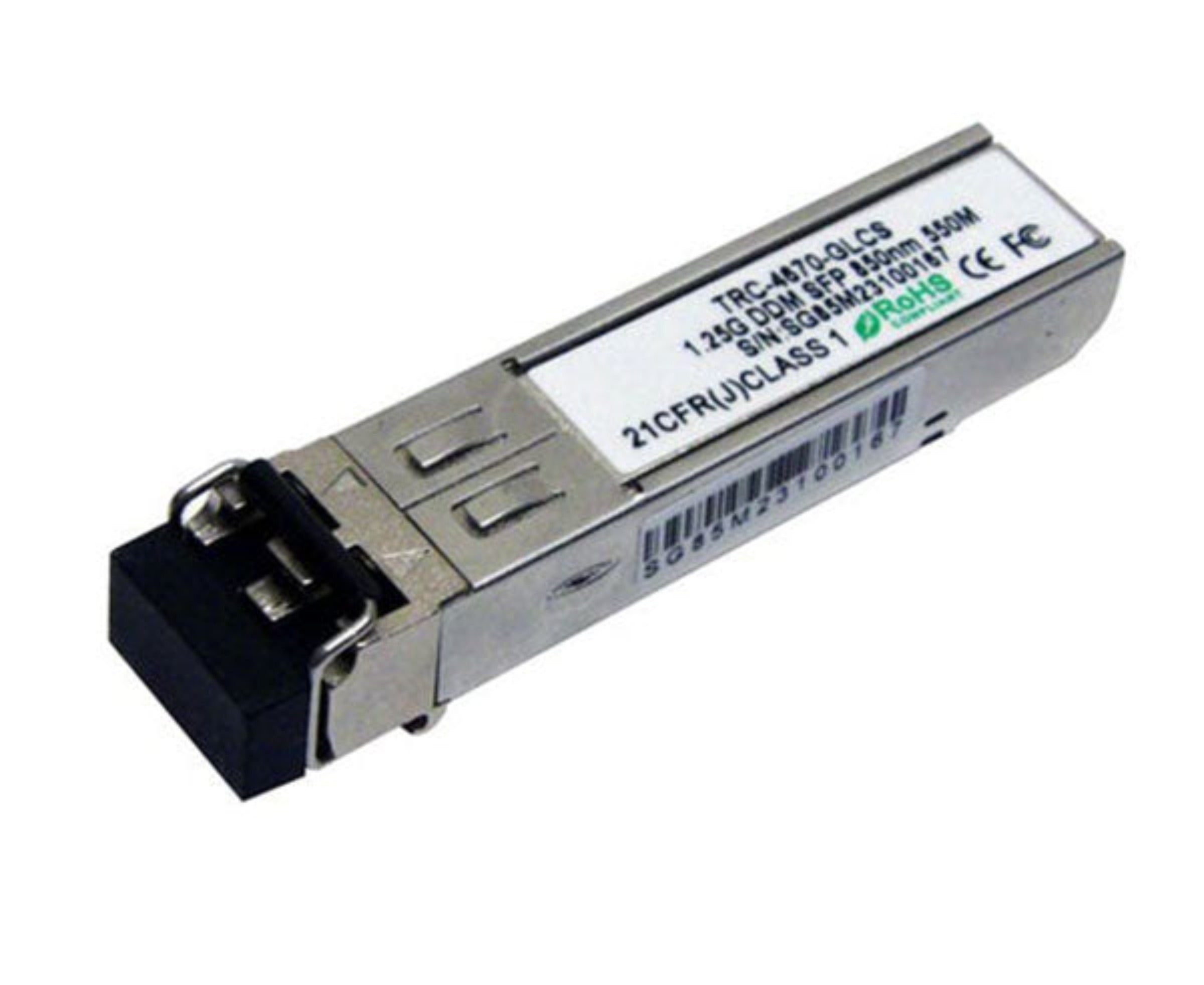 1000Base-SX multimode SFP fiber transceiver showing latch and dust cap.