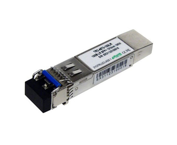 10GBASE-LR single-mode SFP+ fiber transceiver showing latch and dust cap.