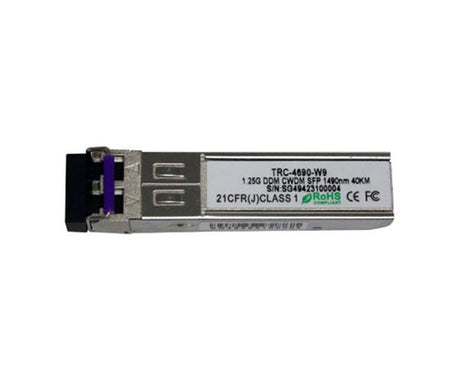 1000BASE-CWDM single-mode SFP fiber transceiver showing specification label.