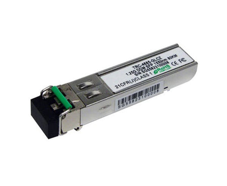 1000BASE-ZX single-mode SFP fiber transceiver showing latch and dust cap.
