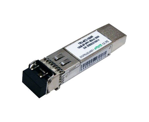 10GBASE-SR Multimode SFP+ fiber transceiver showing latch and dust cap.
