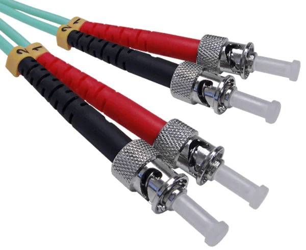 Four ST OM3 connectors on aqua fiber.