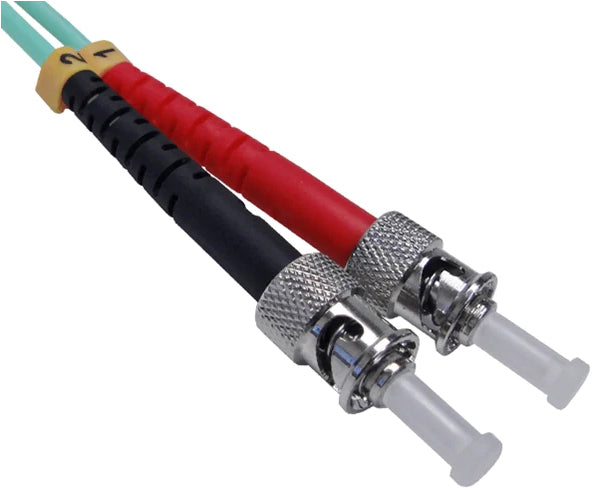 Two ST OM3 connectors on aqua fiber.