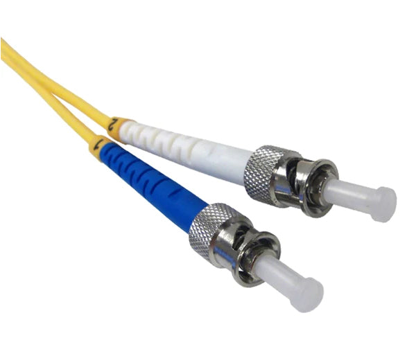 Two ST single-mode OS2 connectors on yellow fiber with dust caps.