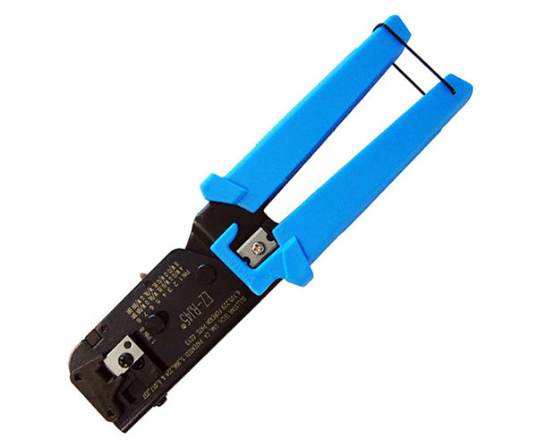 EZ RJ45 crimping tool for modular plugs with blue handles in the locked position.