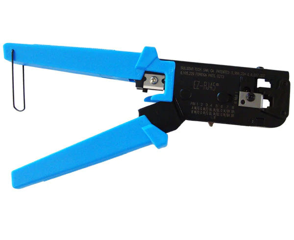 EZ RJ45 crimping tool for modular plugs with blue handles in the open position.