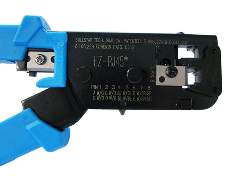 EZ RJ45 crimping tool for modular plugs with cutting blades and crimp dies.