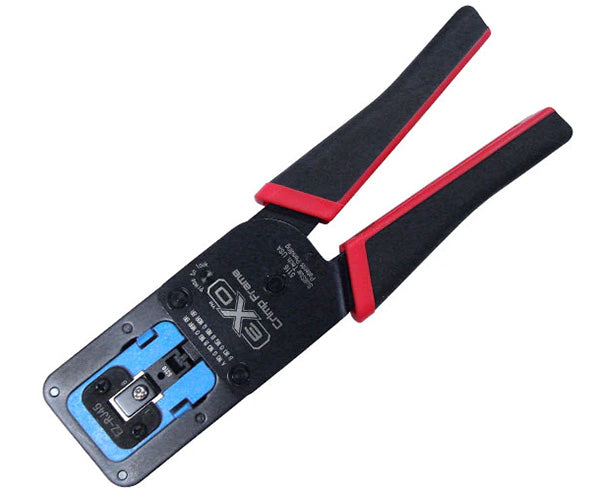 EXO crimp tool with blue die, red and black handles in the closed position.