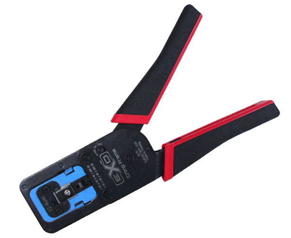 EXO crimp tool with blue die, red and black handles in the open position.