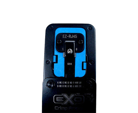 EXO blue die for EXO crimp tool with adjuster installed in a device.