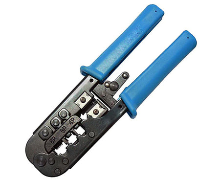 Modular crimp tool for RJ45, RJ11 & RJ22 plugs with padded blue handles in the locked position.
