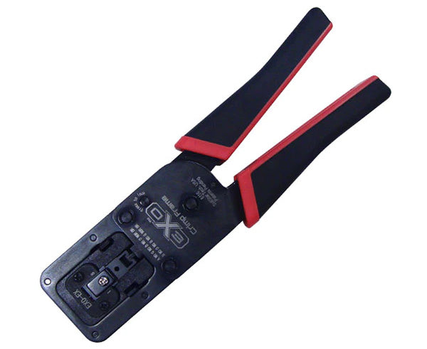 EXO crimp tool with red and black handles in the locked position.