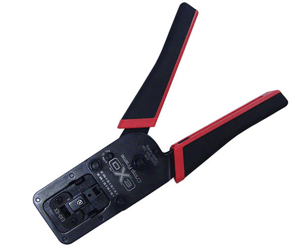 EXO crimp tool with red and black handles in the open position.