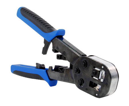 Ratchet crimp tool for quick-feed RJ45 plugs with blue and black handles in the open position.