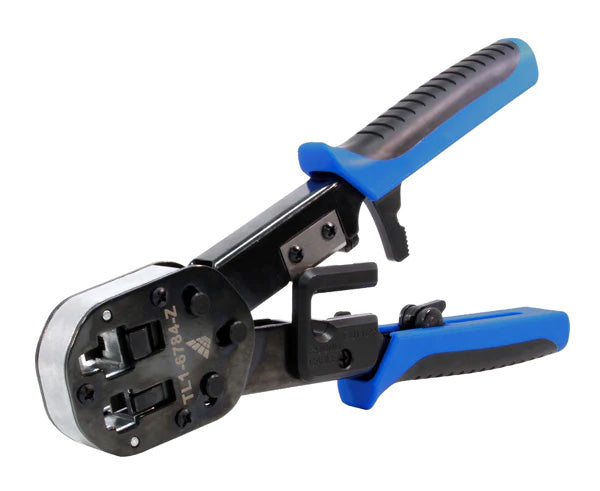 Ratchet crimp tool for quick-feed RJ45 plugs with cutting blade blue and black handles in the open position.