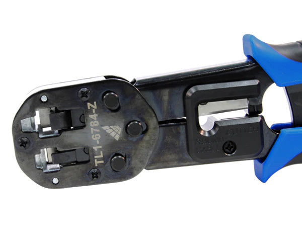 Ratchet crimp tool for quick-feed RJ45 plugs with RJ45 and RJ11 crimp dies and cable cutting blade.