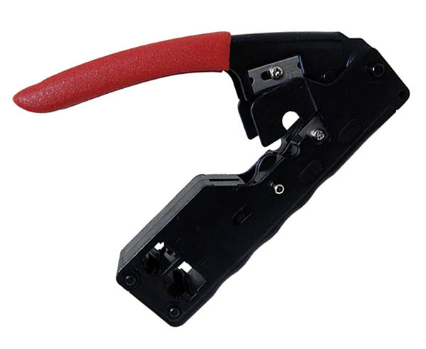 A Tele-Titan modular crimp tool with an open handle for RJ45 & RJ11 plugs.