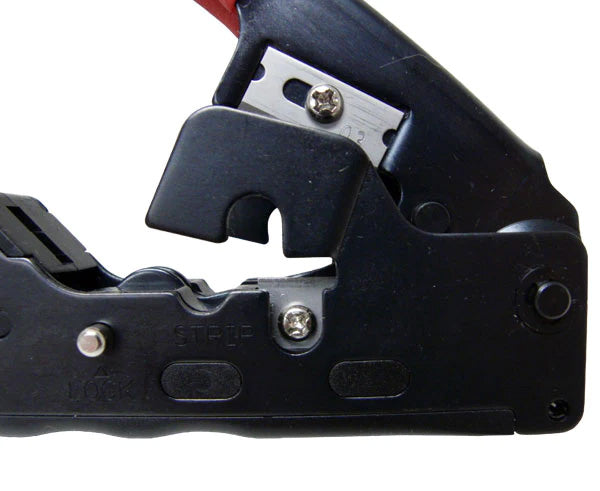 A Tele-Titan modular crimp tool for RJ45 & RJ11 plugs, showing flat and round cable cutting blades.
