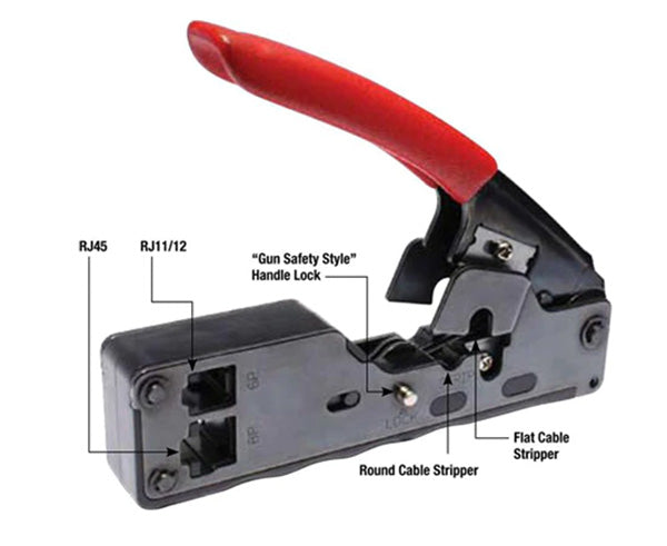 A schematic of a Tele-Titan modular crimp tool for RJ45 & RJ11 plugs, showing all features.