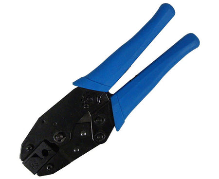 A ratcheting crimping tool for shielded CAT6A RJ45 plugs with handles in the locked position.