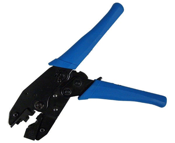 A ratcheting crimping tool for shielded CAT6A RJ45 plugs with open blue padded handles.