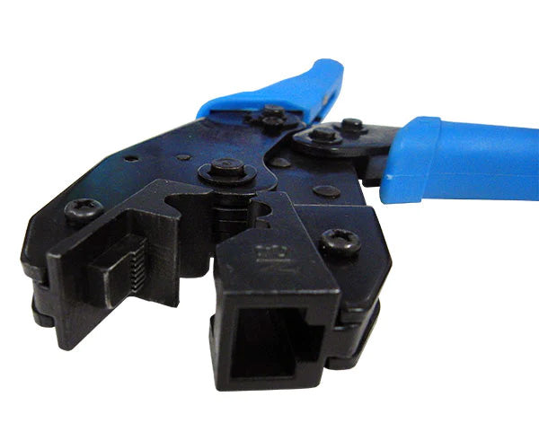 A ratcheting crimping tool for shielded CAT6A RJ45 plugs showing black steel crimping jaws.