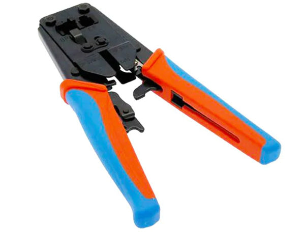 A crimp tool for RJ45, RJ12, and RJ11 plugs with a ratcheting mechanism and padded blue and orange handles.