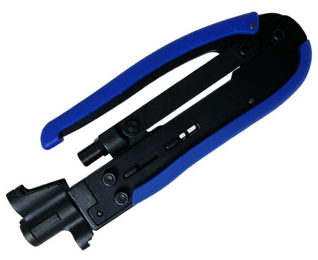 A Coax Compression Tool for RG11, 7, 6 & 59 Connectors, handles in the locked position.