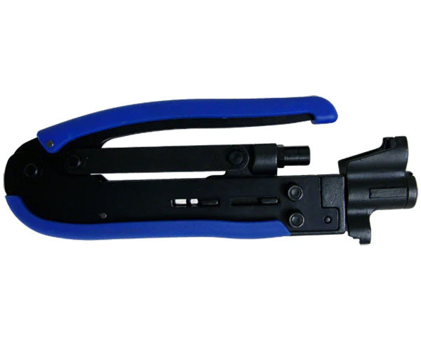 A Coax Compression Tool for RG11, 7, 6 & 59 Connectors, blue handles in the locked position.