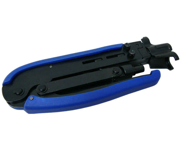 A Coax Compression Tool for RG11, 7, 6 & 59 Connectors. Side view of blue handles in the locked position.