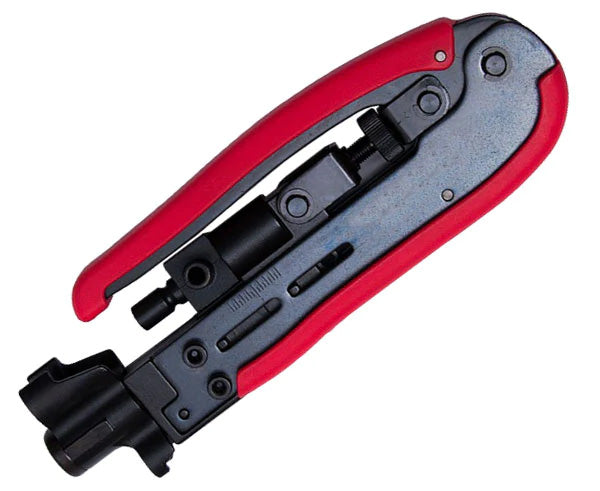 A SealSmart PROCON Coax Compression Tool for F, BNC and RCA Connectors, handles in the locked position.