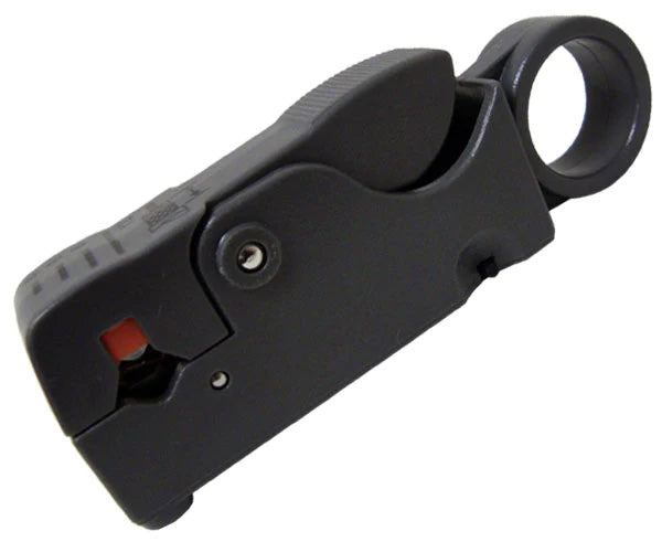 A 2-Level Coaxial Cable Stripper, with a black plastic body and red blade cassette. 