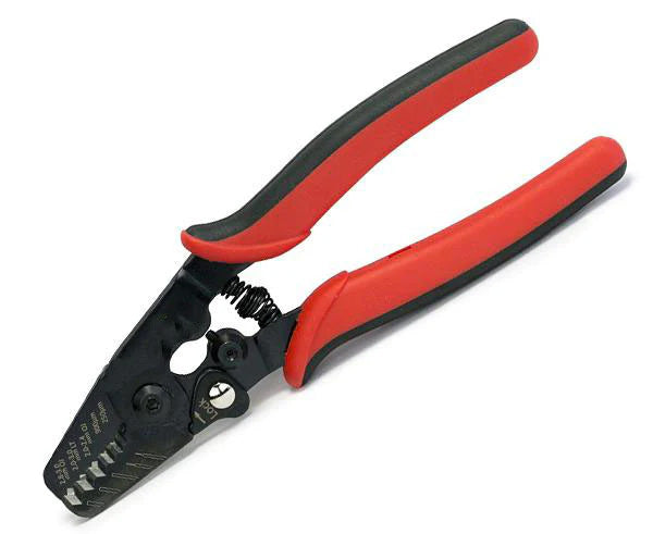 5-in-1 fiber optic cable stripper with padded black and read handles.