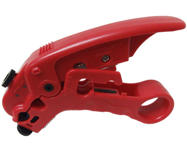 Multi-stripper for coaxial and twisted-pair cables with a red body and replaceable blade.