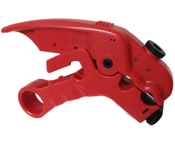 Hand held stripper for coaxial and twisted-pair cables with a red body.