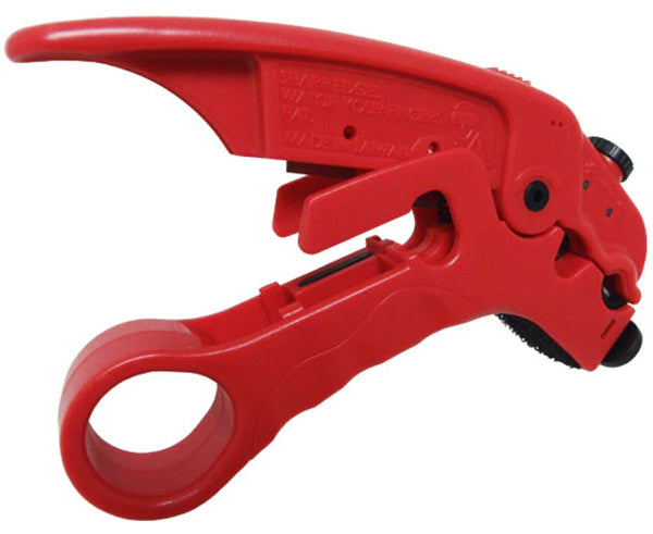 Hand held stripper for coaxial and twisted-pair cables with a red body and pressure adjuster.