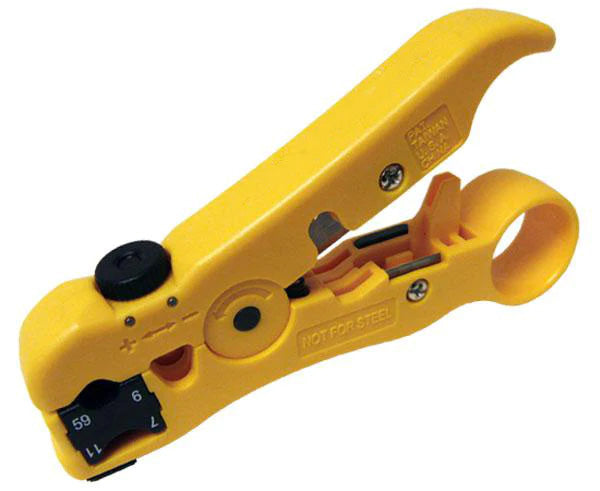 Lightweight cable stripper with a yellow body for data, coax, telco, and fiber cables.