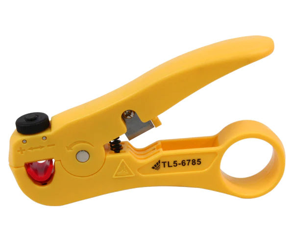Hand-held stripper for cat5e, cat6, cat6a, and cat8 network cables with an adjustable blade.