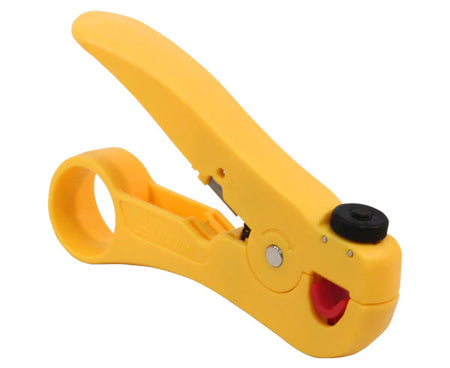 Hand held stripper for cat5e, cat6, cat6a, and cat8 network cables with yellow body.